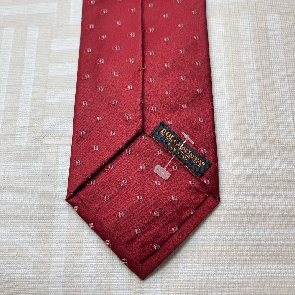 Dolcepunta Tie Mens Red Circles 100% Silk Hand Made in Italy Classic